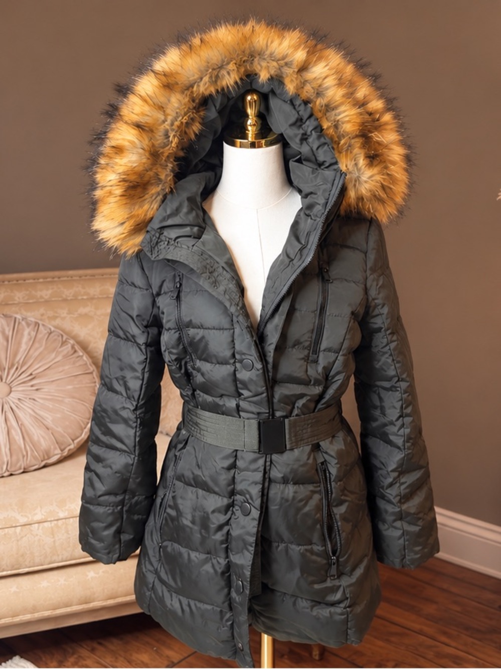 Y2K Marezzi Couture Black Belted Puffer Coat Detachable Faux Fur Hood